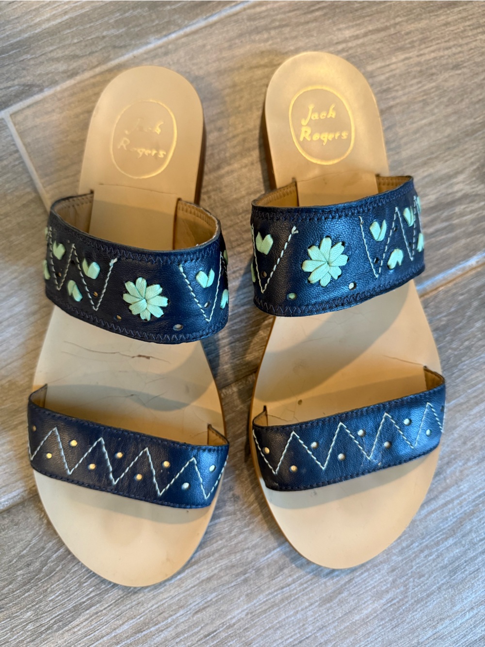Jack Rogers Double-Band Slide Sandals with Mint Floral Embroidery
